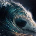AI generated illustration of a foamy strong tidal wave in the ocean
