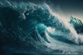 AI generated illustration of foamy waves rolling up in ocean