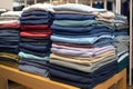 AI generated illustration of folded clothes piled on top of each other on display in a shop window