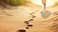 AI generated illustration of footprints in the sand leading to the beach Royalty Free Stock Photo