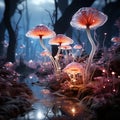 AI generated illustration of forest surrounded by vibrant wildflowers, mushrooms and greenery