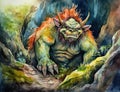 AI generated illustration of a forest troll in a natural rocky setting in vibrant watercolor colors