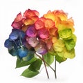 AI generated illustration of Four brightly colored French hydrangeas isolated on a white background