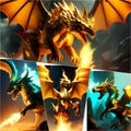 AI generated illustration of four dragons in vibrant colors in a dramatic battle