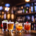 AI generated illustration of four glasses filled with different beverages on a bar counter Royalty Free Stock Photo