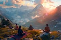 four people sitting on rocks in the mountains in front of a mountain view