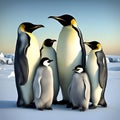 four penguins standing next to each other in snow land and sky