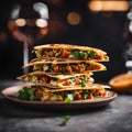 AI generated illustration of four tacos arranged in a stack, with a wine glass in the background