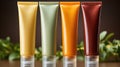 AI-generated illustration of four tubes of lotion, of various colors, neatly lined up in a row