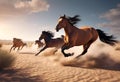 wild horses running at full gallop in an arid desert landscape with a dramatic sky Royalty Free Stock Photo