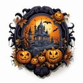 AI generated illustration of a framed haunted house with bats and decorated pumpkins Royalty Free Stock Photo