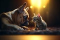 AI generated illustration of a French Bulldog looking intently at a tiny kitten