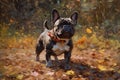 AI generated illustration of a French bulldog standing in a bed of autumn leaves