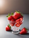 AI generated illustration of a fresh bowl of ripe strawberries on ice cream