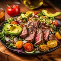 AI generated illustration of a fresh and colorful steak salad served on a black plate Royalty Free Stock Photo