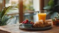 AI-generated illustration of a fresh croissant, berries, and orange juice on a table Royalty Free Stock Photo
