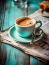 AI generated illustration of a fresh cup of coffee served with a spoon on a plate Royalty Free Stock Photo