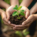 AI generated illustration of fresh green plant emerging from the soil, tenderly cradled in hands Royalty Free Stock Photo