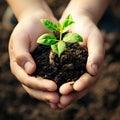 AI generated illustration of fresh green plant emerging from the soil, tenderly cradled in hands Royalty Free Stock Photo