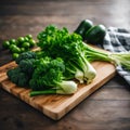 AI generated illustration of fresh herbs and broccoli on a wooden cutting board