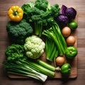 AI generated illustration of fresh herbs and broccoli on a wooden cutting board