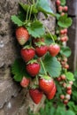 AI generated illustration of fresh, ripe strawberries growing on a vine outside Royalty Free Stock Photo