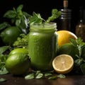 AI generated illustration of a fresh smoothie of lemon, lime and mint in a glass on a wooden table