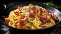 AI generated illustration of fresh steaming noodles, topped with crisp bacon and green onions