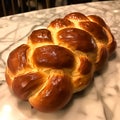 AI generated illustration of a freshly baked braided loaf of bread on a marble surface