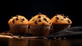 AI generated illustration of freshly baked muffins presented side-by-side on a black background