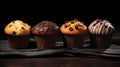 AI generated illustration of freshly baked muffins presented side-by-side on a black background