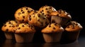 AI generated illustration of freshly baked muffins presented side-by-side on a black background