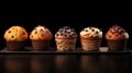 AI generated illustration of freshly baked muffins presented side-by-side on a black background