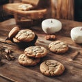 AI generated illustration of freshly-baked peanut butter cookies on a wooden table Royalty Free Stock Photo