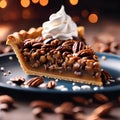 AI generated illustration of a freshly-baked pecan pie topped with a dollop of whipped cream