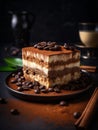 AI generated illustration of a freshly-baked piece of cake on a black plate with coffee beans Royalty Free Stock Photo