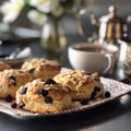 AI generated illustration of freshly-baked scones and a cup of steaming hot coffee Royalty Free Stock Photo