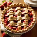 a freshly made strawberry pie in a pan with strawberries on the table