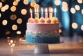 AI generated illustration of a freshly baked white birthday cake with lit colorful candles Royalty Free Stock Photo