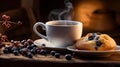 AI generated illustration of a freshly brewed cup of steaming coffee with freshly baked muffin Royalty Free Stock Photo