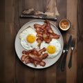 AI generated illustration of a freshly cooked breakfast, featuring a plate of bacon and eggs