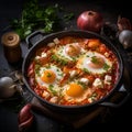 AI generated illustration of freshly cooked eggs topped with a savory tomato and sauce sauce