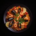 AI generated illustration of freshly-cooked shrimp and seafood over a bed of steaming white rice