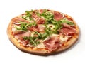 AI generated illustration of a freshly prepared pizza with toppings of ham and arugula leaves