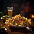 AI generated illustration of a freshly prepared plate of nachos served on a rustic wooden table