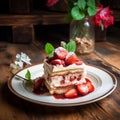 AI generated illustration of a freshly-prepared slice of strawberry cake on a plate Royalty Free Stock Photo