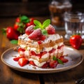 AI generated illustration of a freshly-prepared slice of strawberry cake on a plate Royalty Free Stock Photo