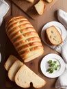 AI generated illustration of freshly-sliced bread loaves on a wooden cutting board