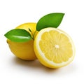 A freshly sliced lemon sitting alongside another fruit on a white surface