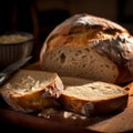 AI generated illustration of a freshly sliced loaf of bread sits on a wooden board